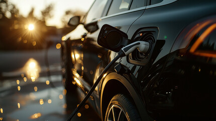 Naklejka premium sleek electric vehicle charging at sunset, showcasing modern technology and eco friendliness. warm glow of sun reflects off cars surface, creating serene atmosphere
