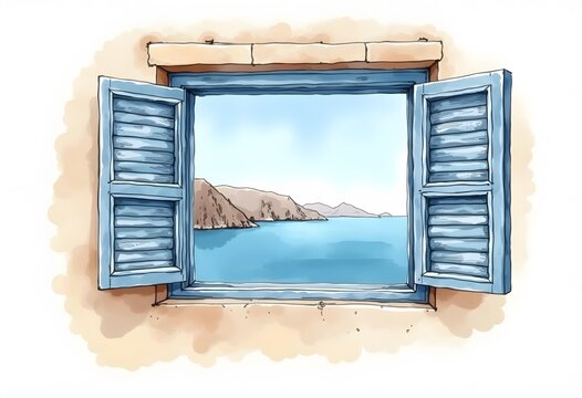 Illustration of a window with a view of the cliff at the river
