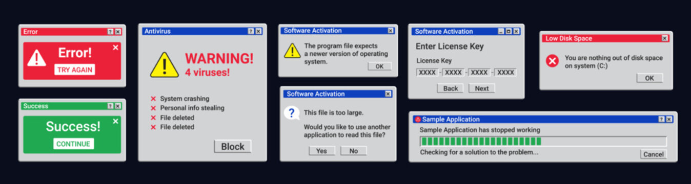 Old error notifications. Software activation window. Antivirus detected malware. Crash of program.