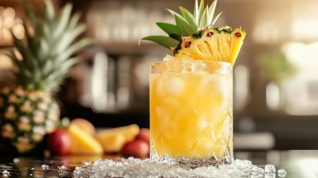 A full glass of pineapple drink with ice, fruit, and a kitchen background are shown on a table with crushed ice. frontal view. composition that is horizontal.