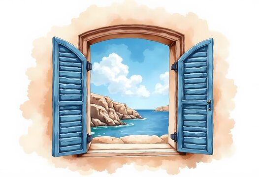 Illustration of a window with a view of the cliff at the river
