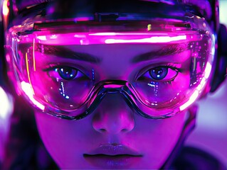 Virtual reality woman face, glowing neon elements and hyper-realistic textures, futuristic VR setting