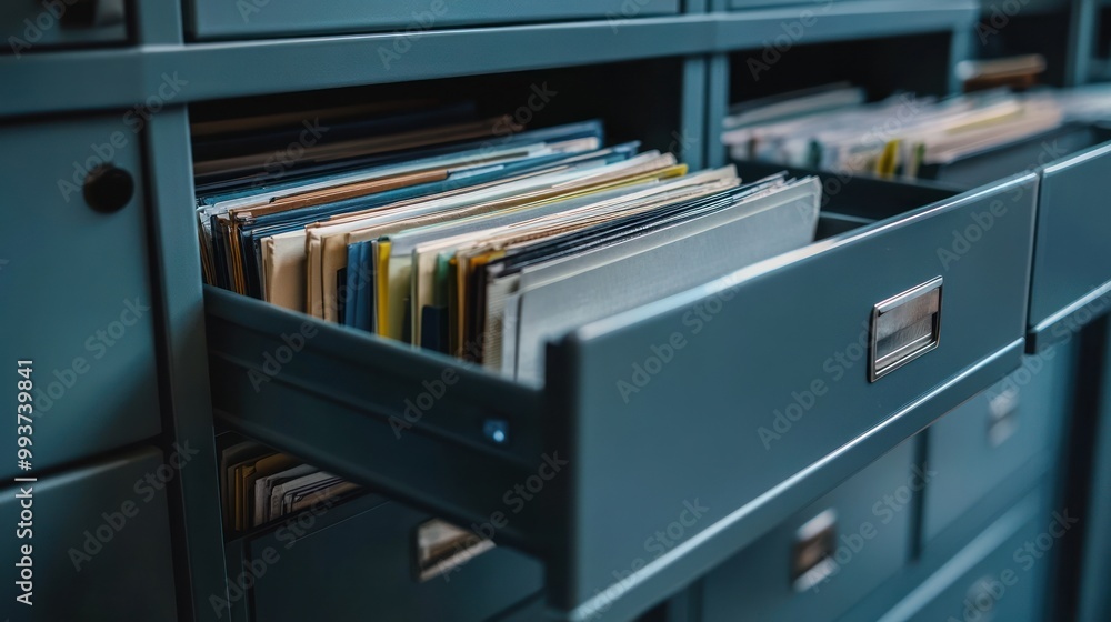 Aufkleber a close-up of an open filing cabinet drawer filled with organized folders and documents.