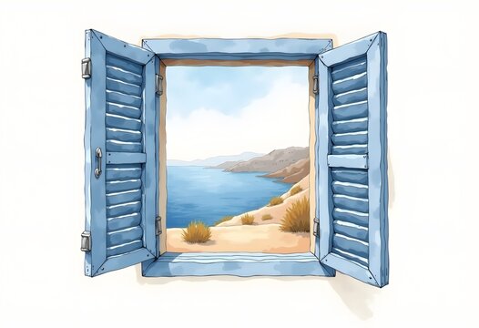 Illustration of a window with a view of the cliff at the river
