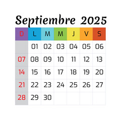 Spanish Calendar Septiembre, 2025 September Template. Mock Up, Layout Of A Wall Or Desk Simple Calendar