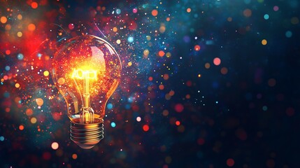 Light Bulb with Colorful Sparks and Digital Data on Abstract Background. AI generated illustration