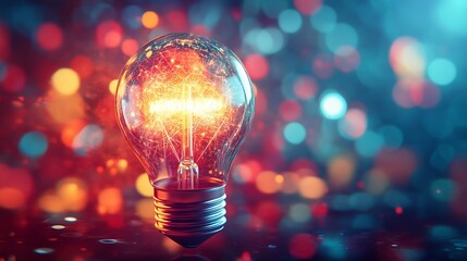 Light Bulb with Colorful Sparks and Digital Data on Abstract Background. AI generated illustration