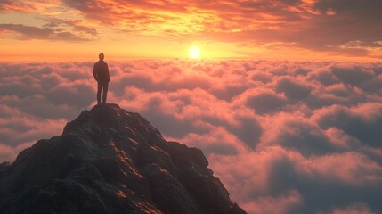 Man Standing on Mountain Top at Sunrise, Feeling Success. AI generated illustration