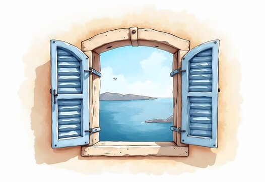 Illustration of a window with a view of the cliff at the river
