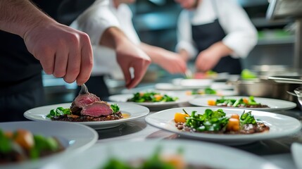 Chef Preparing Fine Dining Dish in Restaurant Kitchen. AI generated illustration