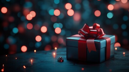 Gift Box with Ribbon and Bokeh Lights on Dark Background. AI generated illustration