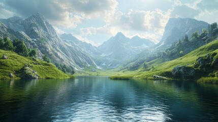 Fototapeta premium A panoramic view of the mountains and lake. Beautiful landscape stunning natural landscape