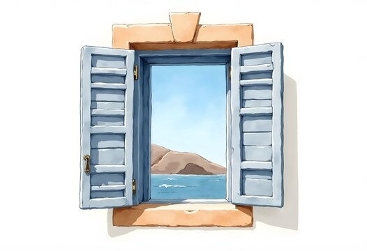 Illustration of a window with a view of the cliff at the river
