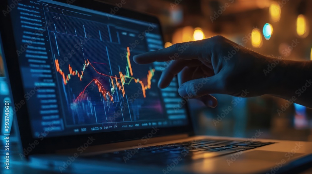 Poster a hand points at financial data displayed on a laptop screen with graphs and trends.