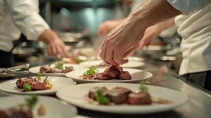 Chef Preparing Fine Dining Dish in Restaurant Kitchen. AI generated illustration