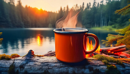 Orange enamel cup of hot steaming coffee sitting on an old log by an outdoor campfire on the edge of a coniferous forest near a forest lake with blurred background