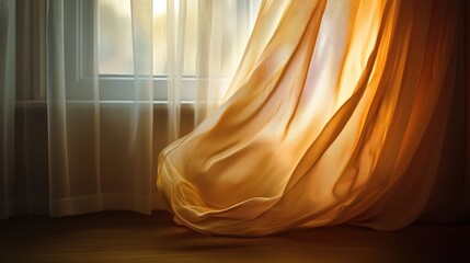 A dynamic shot of a curtain in motion, captured mid-swish as a gentle breeze flows through an open window, symbolizing freedom and lightness.