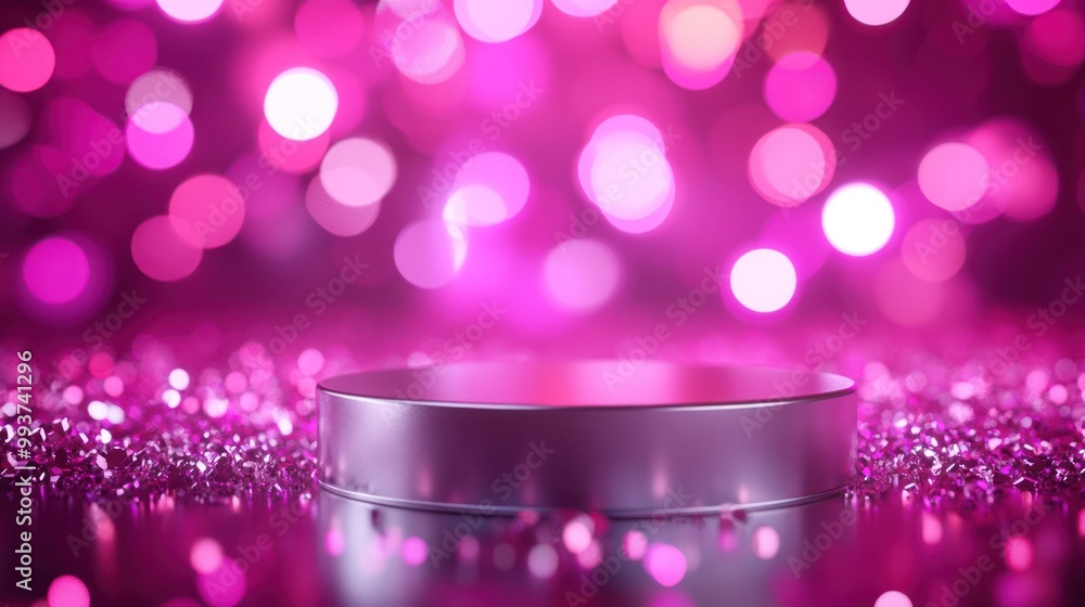 Poster a shimmering pink backdrop with a circular platform, ideal for showcasing products or displays.