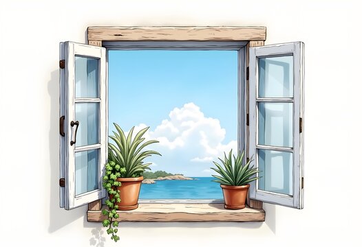 Illustration of a window with a view of the cliff at the river
