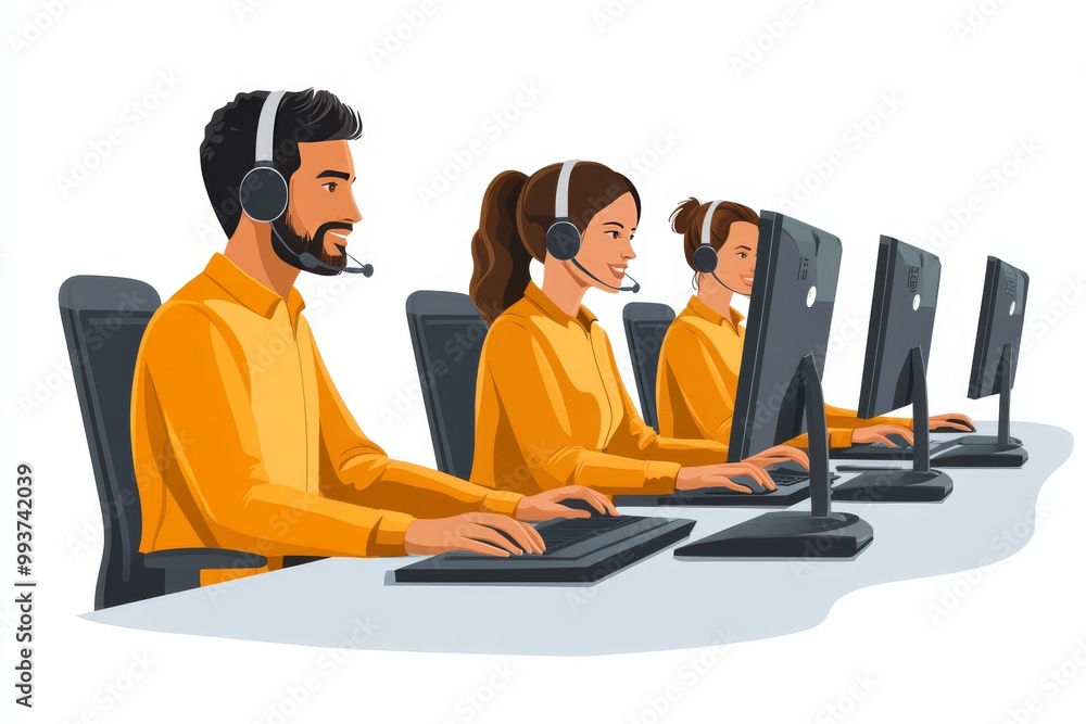 Poster illustration of two call center agents wearing headsets and working at computers engaged in customer