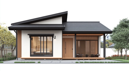 3D rendering of a house model with a simple white background. It is a modern, two-story, small family home