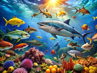 Visual Representation of the Food Chain in a Thriving Ocean Ecosystem with Various Marine Species