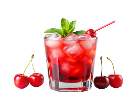 Elegant presentation of an iced cherry drink, complete with ripe cherries and a sprig of mint tantalizingly cool cherry concoction, perfect for sipping on a hot day transparent PNG background 