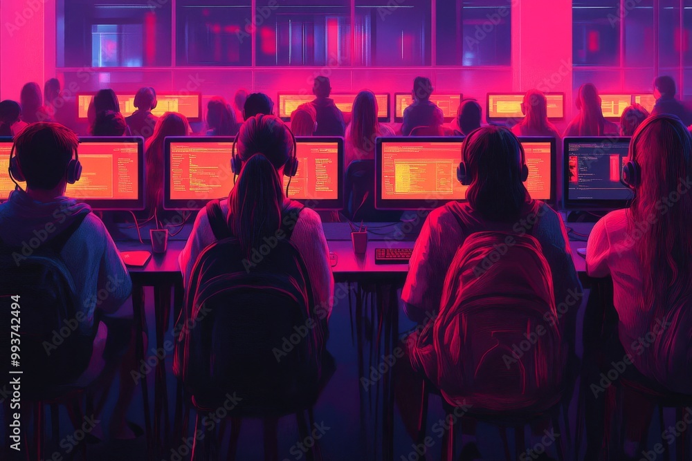 Poster stylized digital artwork of a dark tech driven office space with employees working late at computer 