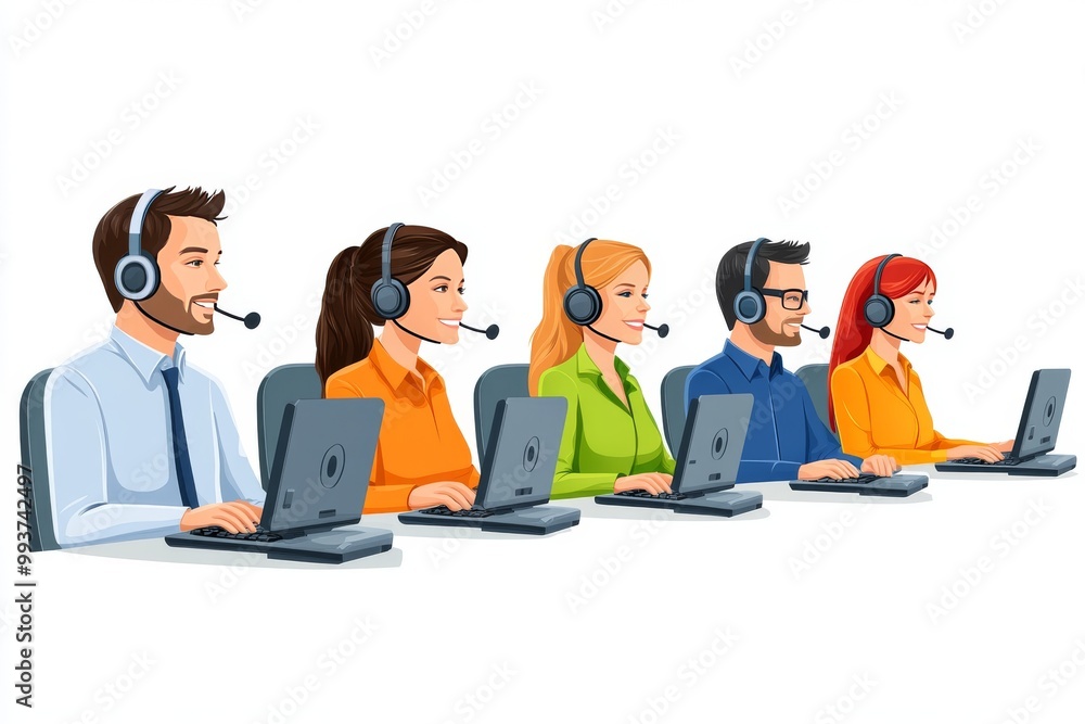 Poster illustration of a team of call center agents wearing headsets and working at laptops in an open plan