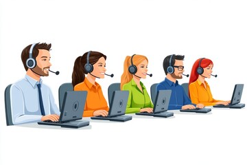 Illustration of a team of call center agents wearing headsets and working at laptops in an open plan office highlighting collaborative customer service and communication in a modern work environment