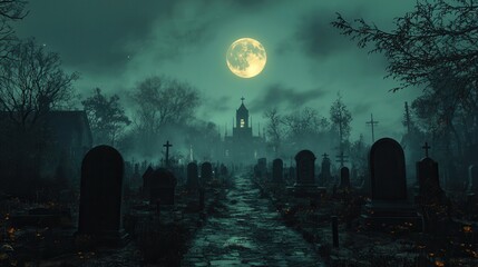 Spooky Night in an Eerie Graveyard with Full Moon