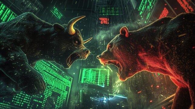 Bear market vs bull market in front of Bitcoin and cryptocurrency market chart image.