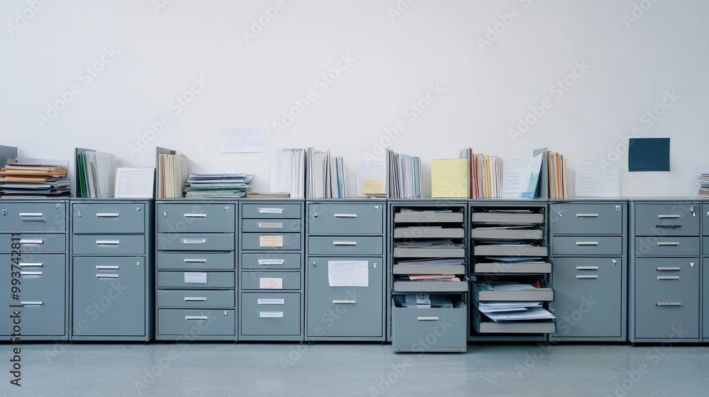 Poster a row of gray filing cabinets filled with documents and folders in an office setting.