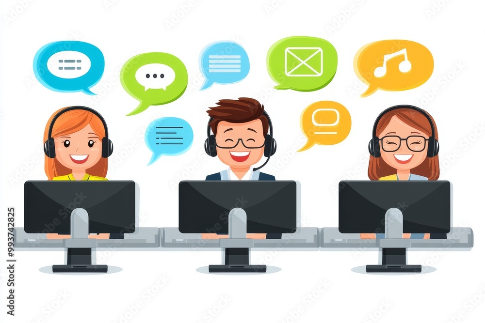 Poster cartoon style illustration of call center agents with headsets communicating with clients emphasizin