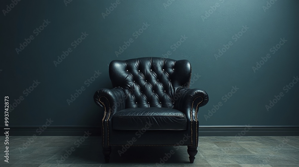 Sticker A black leather chair is sitting in front of a wall