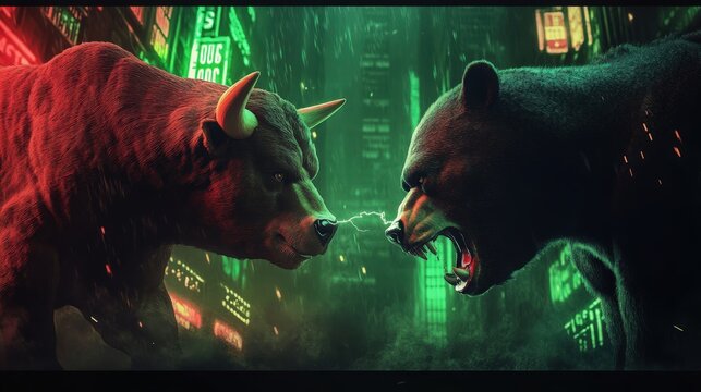 Bear market vs bull market in front of Bitcoin and cryptocurrency market chart image.