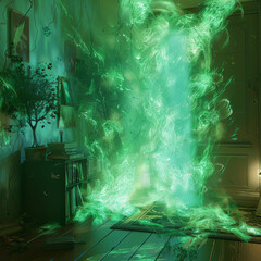 photorealistic, what happens when energy beings teleport in a room, light, green, night , ethereal, bright
