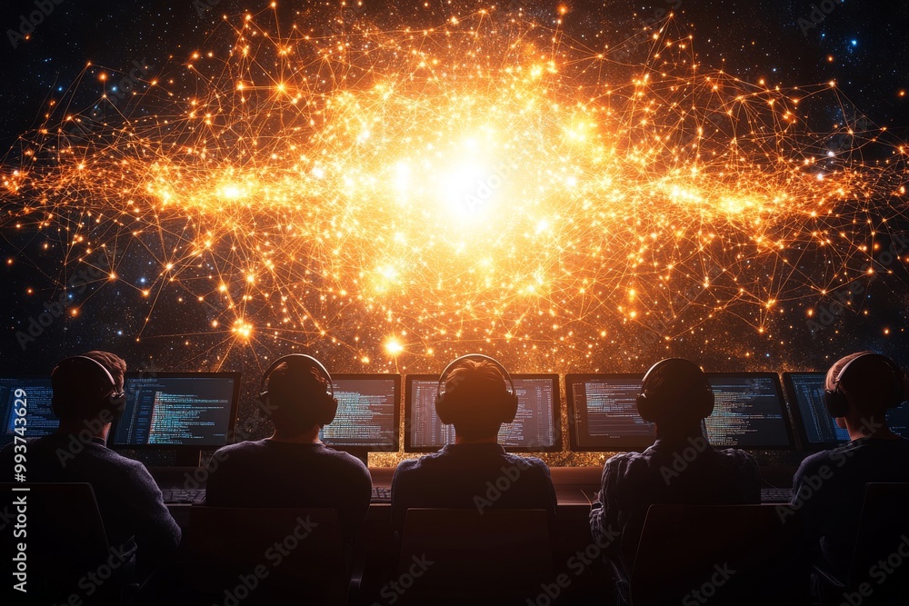 Poster group of professionals sitting at computer stations observing a vivid digital explosion on large scr