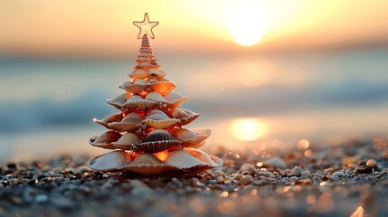 Fototapeta premium A creative seashell Christmas tree against a sunset backdrop on the beach.