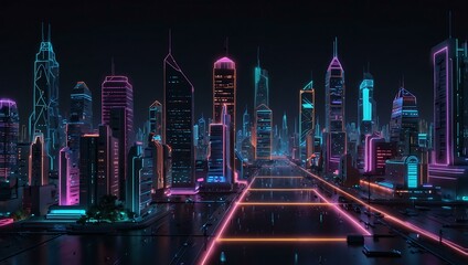 3D illustration of a futuristic cityscape glowing with neon lights.