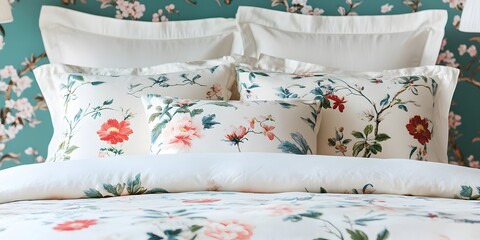 Bed with a floral pattern and a white comforter