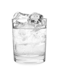 Refreshing water with ice in glass isolated on white