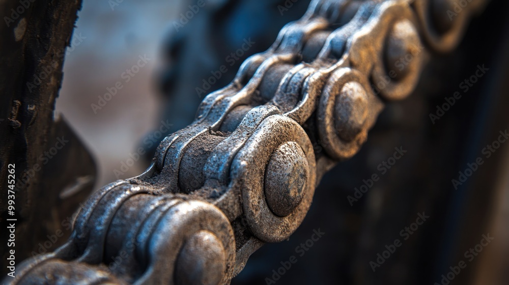 Poster close-up of a rusty bicycle chain showcasing its intricate links and wear.
