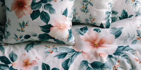 Close up of white pillows with floral design on the bed in the bedroom.