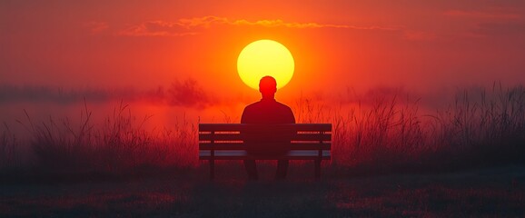 Obraz premium Silhouette of a person sitting on a bench at sunrise with a bright sun behind them.