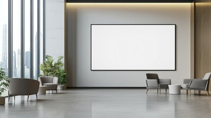 Modern interior space with a large blank screen and minimalistic furniture.