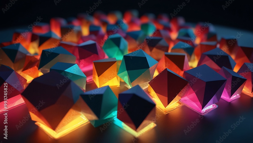 Poster 3d visualization of colorful geometric shapes on a luminous surface.
