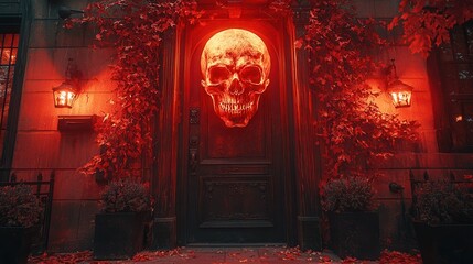 Spooky Skull Doorway with Red Lighting and Creepy Vibes