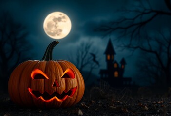 Spooky Halloween Pumpkin with Haunted House and Full Moon