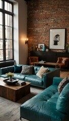 A chic urban loft living room featuring a leather sectional and turquoise pillows.